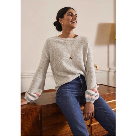 Boden Sweaters - Boden Light Gray Crewneck Sweater with Pink & Blue Cuff Stripes